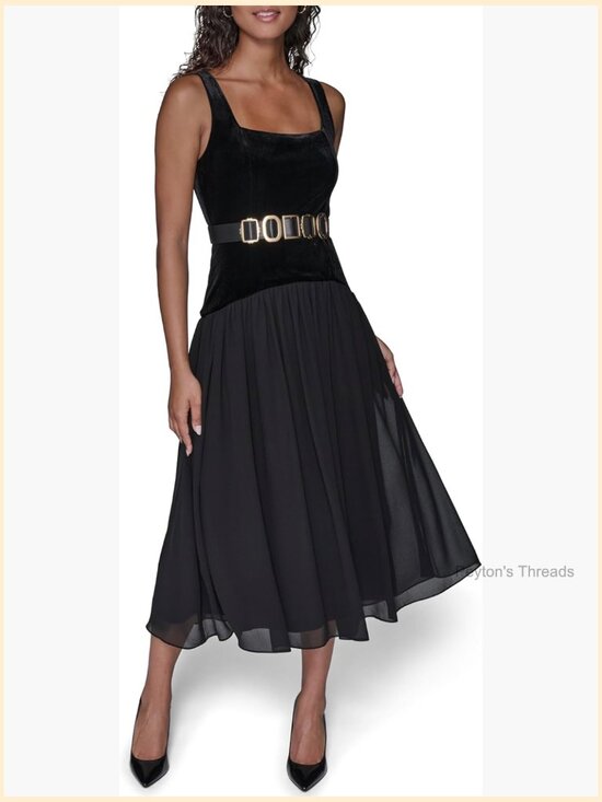 Dresses & Skirts - V-Neck Short Sleeve Stretch Velvet Midi Dress with Novelty Belt